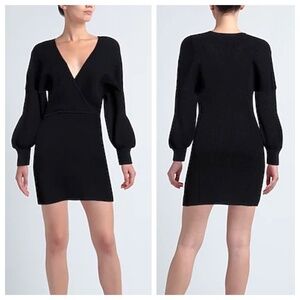 NWT GANNI V-Neck Wrap-effect Ribbed-knit Mini Sweater Dress in Dark Navy Size M